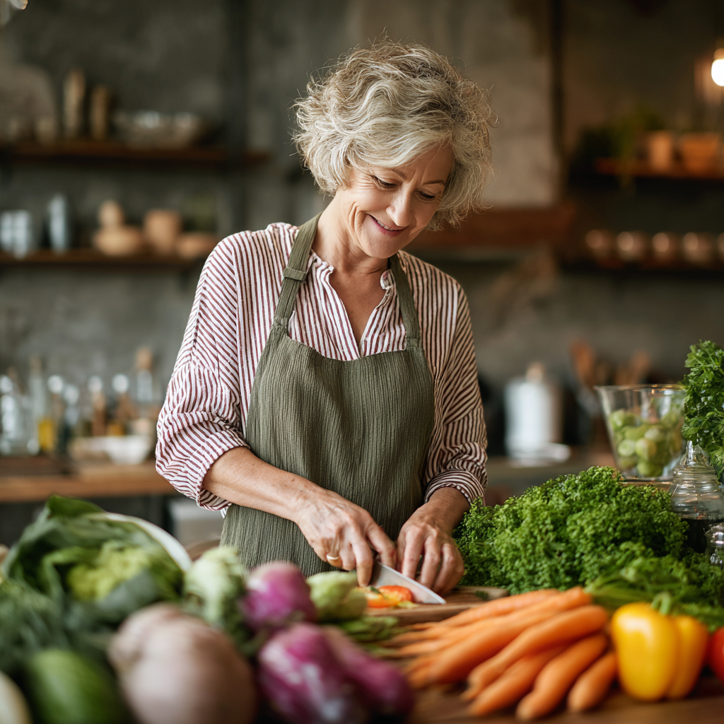 Middle-aged woman preparing fresh seasonal vegetables in a calm kitchen environment