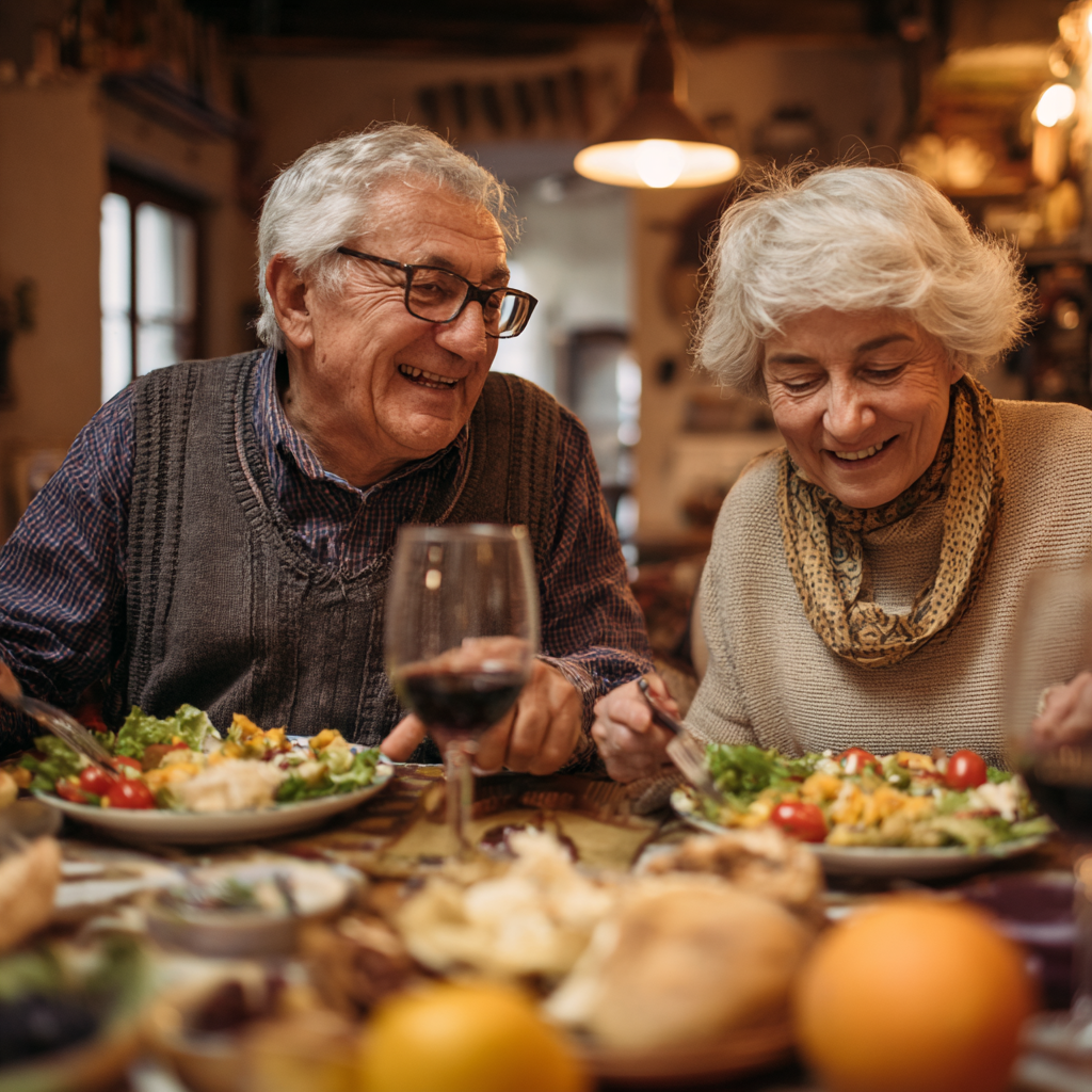 Older adults sharing a balanced nutritious meal in a warm dining setting